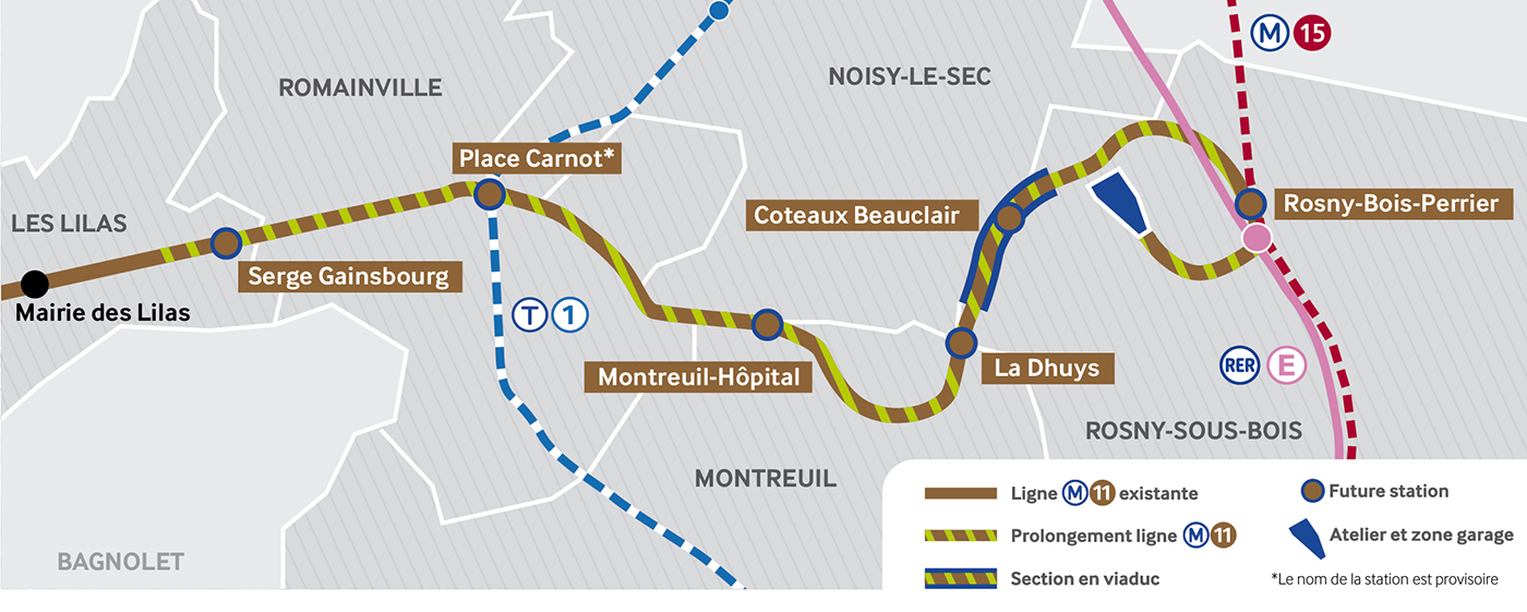 Carte prolongement ligne 11 RATP Grand Paris Express