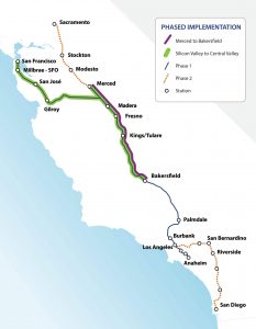 Carte de la LGV californienne : le tronçon central est souligné en violet.